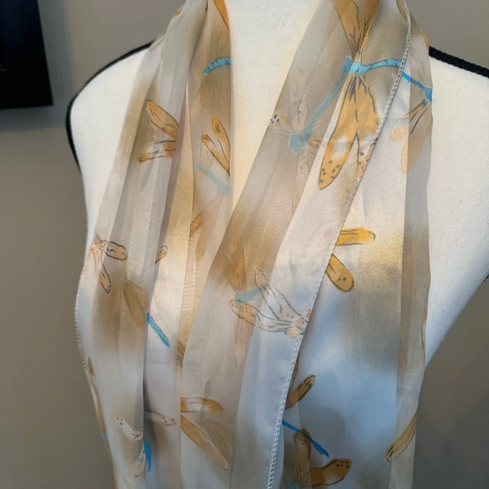 Vintage Dragonfly Sheer Chiffon Scarf Ivory‎ Gold Turquoise Long